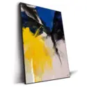 Abstract painting with contrasting blues, yellows, and blacks creating a bold and dramatic composition.