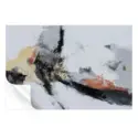 Abstract painting with textured red, yellow, white, and black tones, creating a bold and impactful composition.