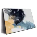 Abstract artwork with black, blue, and yellow tones, featuring fluid brushstrokes and contrasting colors.