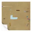 Abstract artwork in tan with vibrant splashes of blue, pink, and green, featuring geometric shapes and brush strokes.