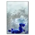 Abstract artwork of flowing dark and light blue tones with gold accents resembling ocean waves.