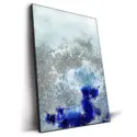 Abstract artwork of flowing dark and light blue tones with gold accents resembling ocean waves.