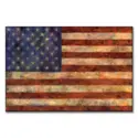 Distressed USA flag painting with textured brush strokes in earth tones.