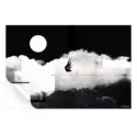 Surreal black-and-white portrait of a man falling through dramatic clouds with geometric lines.