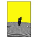 Surreal art of a man standing in black against swirling concentric circles with a bright yellow background.