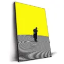 Surreal art of a man standing in black against swirling concentric circles with a bright yellow background.
