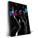Black and white comic-style woman with bright pink and blue accents, embodying strength and elegance.