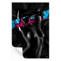 Black and white comic-style woman with bright pink and blue accents, embodying strength and elegance.