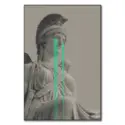 Crying Athena statue with glowing teal tears in surreal style