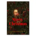 Vintage face subtly appearing through a Christmas tree with festive text and greenery.