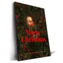 Vintage face subtly appearing through a Christmas tree with festive text and greenery.