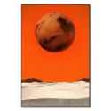 Mars floats above a desert landscape under a bright red sky, creating a surreal atmosphere.