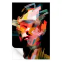 Colorful abstract portrait with large, sweeping brushstrokes in red, yellow, and blue, forming the face in an expressive, dynamic way.