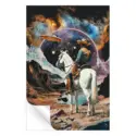 Surreal cowboy riding a horse in outer space, blending wild west and cosmic themes.