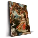 Classical painting collage featuring mythological figures and cannabis elements.