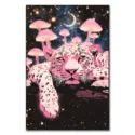 Leopard surrounded by colorful mushrooms and cosmic space elements.