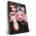Leopard surrounded by colorful mushrooms and cosmic space elements.
