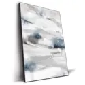 Abstract winter landscape featuring shades of gray, blue, and white with soft brushstrokes and frosted texture.