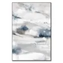 Abstract winter landscape featuring shades of gray, blue, and white with soft brushstrokes and frosted texture.