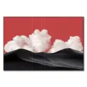 Black sand dunes beneath towering clouds against a vibrant red sky, surreal and bold.