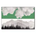 A surreal mountain landscape with a green-tinted sky, filled with striking clouds, evoking intensity and drama.