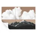 Mountain landscape with a soft tan sky, white clouds, and dark forested peaks, creating a peaceful yet dramatic natural scene.