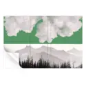 A surreal mountain landscape with a green-tinted sky, filled with striking clouds, evoking intensity and drama.