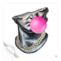 Statue of David with a pink bubblegum bubble and gold chain, pop art style.