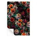 Moody floral artwork featuring rich orange, burgundy, and cream-colored blooms intertwined with deep green foliage against a dark background.