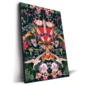 Surreal artwork featuring a radiant red heart pierced by swords, surrounded by intricate floral details, birds, and lush botanical elements against a dark background.