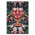 Surreal artwork featuring a radiant red heart pierced by swords, surrounded by intricate floral details, birds, and lush botanical elements against a dark background.