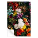 Vibrant floral artwork featuring an explosion of colorful flowers, including red, white, yellow, and purple blooms, set against a dark background.