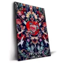 Surreal artwork featuring a jeweled red heart with swords, intricate floral details, exotic birds, and fantasy-inspired elements against a dark background.