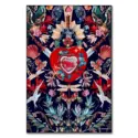 Surreal artwork featuring a jeweled red heart with swords, intricate floral details, exotic birds, and fantasy-inspired elements against a dark background.
