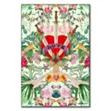 Surreal artwork featuring a jeweled red heart with swords, floral elements, and intricate details on a light green background.
