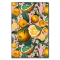 Vibrant botanical artwork featuring ripe oranges, sliced citrus, green leaves, and delicate blossoms against a soft pink background.