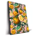 Vibrant botanical artwork featuring ripe oranges, sliced citrus, green leaves, and delicate blossoms against a soft pink background.