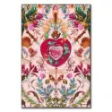 Intricate surreal artwork featuring a jeweled heart, swords, exotic birds, floral elements, and fantasy-inspired details on a soft pink background.