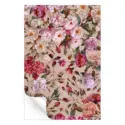 Vintage-inspired floral artwork featuring lush roses, delicate blossoms, and green foliage against a warm beige background.