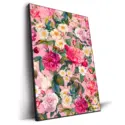 Vintage-inspired floral artwork featuring blooming roses, delicate white flowers, and lush green leaves against a soft pink background.