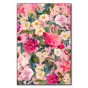 Vintage-inspired floral artwork featuring blooming roses, delicate white flowers, and lush green leaves against a soft pink background.