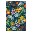 Vibrant botanical artwork featuring tropical flowers, lush green leaves, and ripe citrus fruits against a deep blue background.