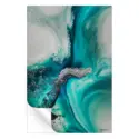 Abstract artwork featuring swirling turquoise and white hues with metallic silver and black accents, resembling ocean currents or mineral formations.