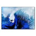 Abstract artwork featuring bold blue waves with dynamic motion against a soft, misty background.