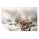 Abstract artwork with textured gold, bronze, and earthy tones against a soft, neutral background.