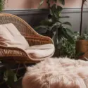 Cozy bloom room with indoor plants, a rattan chair, and soft pink décor accents