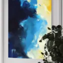 Blue and Yellow Large Abstract Wall Art Hung in Hallway
