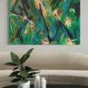 Green Large Painted Abstract Art called Jungle Hung in Living Room