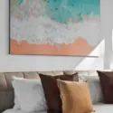 Extra Large Beach Landscape Art Hanging Above Neutral Bed