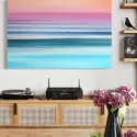 Abstract Large Sunset Wall Art in Blue and Pink Hung in Natural Dining Room